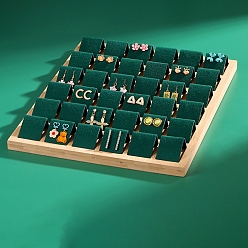 Dark Green 36-Slot Bamboo Earring Display Tray, with Velvet Display Holder, Rectangle, Dark Green, 350x285x35mm