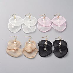 Mixed Color Organza Fabric Dangle Earrings, with Golden Plated Brass Findings and Plastic Imitation Pearl, Mixed Color, 60mm, Pin: 0.6mm