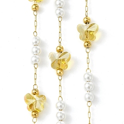 Желтый 10М-ионное покрытие (IP) 304 Цепи из нержавеющей стали и АБС-пластика с жемчужными бусинами и стеклянными звеньями-бабочками, пайки, с катушкой, реальный 18 k позолоченный, желтые, Бабочка: 6.5x7.5x5 mm, бусина : 4x3.5 mm, около 32.81 футов (10 м) / рулон