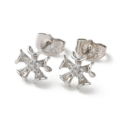 Platinum Brass Rhinestone Stud Earrings, Flower, Platinum, 10x9mm