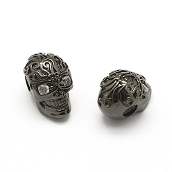 Черный Цвет Металла Латунные микро проложить класса AAA кубического циркония бусы, без кадмия, без никеля и без свинца, череп, прозрачные, металлический черный , 13x8.5x10 мм, отверстие : 3 мм