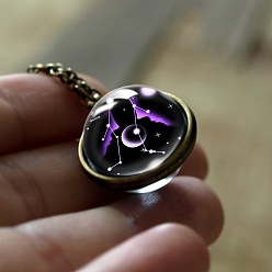 Близнецы Двойное стекло круг с подвеской в виде созвездия сплав цепи ожерелья, античная бронза, Близнецы, 17.72~19.69 дюйм (45~50 см)