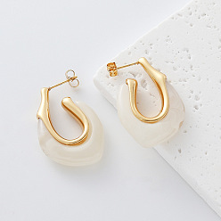 WhiteSmoke 304 Stainless Steel & Resin Stud Earrings, Half Hoop Earrings for Women, Golden, WhiteSmoke, 23x35mm