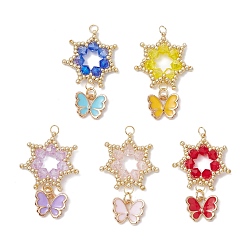 (52) Непрозрачная лаванда Подвески-цветы из стеклянных бус, с настоящими 18позолоченными 304 кольцами из нержавеющей стали и эмалированными подвесками в виде бабочек, разноцветные, 36x24x4 мм