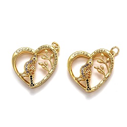 Золотой Латунные микро проложить кубического циркония подвески, долговечный, с прыжковых колец, сердце и птица, золотые, 23x20x4.5 мм, отверстие : 3 мм