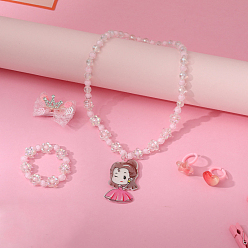 Pink Пластиковые подвески-ожерелья принцессы, браслеты из бисера, кольца и заколки для волос для детей, розовые, 140 мм & 50 мм & 13 мм & 49 мм