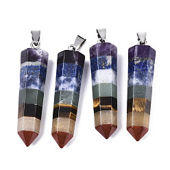 Разноцветный Сборные натуральные топаз нефрит, красная яшма, красный агат, лазурит, кристаллы кварца, зеленый авантюрин и аметист с большими заостренными кулонами, с дужками из нержавеющей стали, пуля, красочный, 51~52x13.5x12 мм, отверстие : 9x4 мм