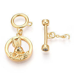 Real 18K Gold Plated Shell Toggle Clasps, with Brass Crystal Rhinestone Findings, Flat Round with Rabbit, Real 18K Gold Plated, 41.5mm, Flat Round: 17x15x3.5mm, O Clasps: 12x12x1mm, T Clasps: 5.5x18x4mm