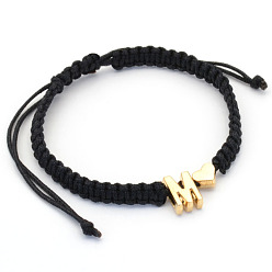 Letter M Браслеты из плетеных бусин из сплава, Браслеты из хлопкового шнура, плетеные для пары., сердце и алфавит, чёрные, золотые, Буква М, 6.30~11.81 дюйм (16~30 см)