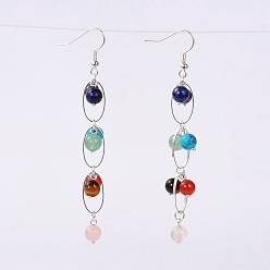 Mixed Stone Trendy Gemstone Dangle Earrings, with Brass Findings and Brass Earring Hooks, Silver Color Plated, Mixed Stone, 82mm, Pin: 0.5mm