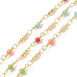 Colorful Glass Rondelle Beaded Chains, with Real 18K Gold Plated Findings, Soldered, Faceted, with Spools, Cadmium Free & Lead Free, Colorful, Link: 13x3.5mm, 9x2.5mm