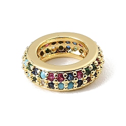 Colorful Brass Micro Pave Cubic Zirconia Beads, Flat Round, Large Hole Beads, Rack Plating, Long-Lasting Plated, Lead Free & Cadmium Free, Real 18K Gold Plated, Colorful, 12.5x3.8mm, Hole: 7.5mm
