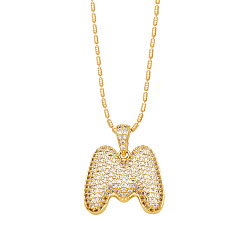 Letter M Brass Micro Pave Cubic Zirconia Pendant Necklaces, Golden, Letter M, 16.54 inch(42cm), Pendant: 24~30x13~22mm