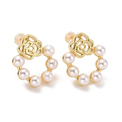 Light Gold Plastic Pearl Beaded Ring with Flower Stud Earrings, Brass Jewelry for Women, Cadmium Free & Lead Free, Light Gold, 16x13.5x4mm, Pin: 0.9mm