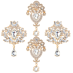 Золотой 4 шт. 2 стили броши из сплава со стразами, цветок с каплей, кристалл, золотые, 95x51~67x10~15 мм, 2 шт / стиль