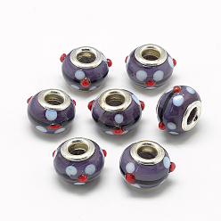 Dark Slate Blue Handmade Bumpy Lampwork European Beads, with Brass Double Cores, Large Hole Beads, Rondelle, Platinum, DarkSlate Blue, 15~16x14~15x10~11mm, Hole: 5mm