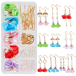 Mixed Color DIY Flower Cloth Earring Making Kits, include Iron Cloth Pendants, Glass & Natural White Shell Beads, Brass Earring Hooks and Iron Jump Rings, Mixed Color