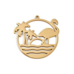 Золотой 201 подвески из нержавеющей стали, плоский круг с кокосовой пальмой и фламинго, золотые, 29.5x30x1 мм, отверстие : 1.5 мм