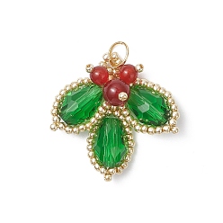 Зеленый Подвески из стекла и стеклянных бусин, лист, с натуральным сердоликом класса А и 304 открытыми соединительными кольцами из нержавеющей стали, граненые, зелёные, 29.5x29.5x8.5 мм, отверстие : 5 мм