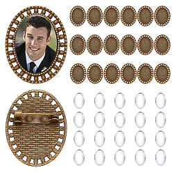 Antique Bronze 20Pcs Vintage Alloy Brooch Cabochon Bezel Settings, Cadmium Free & Lead Free, with Iron Pin Back Bar Findings, Oval, with 20Pcs Transparent Glass Cabochons, Antique Bronze, Oval Tray: 25x18mm, 33.5x27x2mm, Pin: 0.8mm
