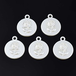 Creamy White Acrylic Imitation Pearl Pendants, Flat Round with Flower, Creamy White, 29.5x25x4.5mm, Hole: 2.5mm, about 300pcs/500g.
