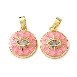 Ярко-Розовый Латунные микро проложить кубического циркония подвески, с эмалью, плоские круглые подвески и подвески в виде конского глаза, реальный 18 k позолоченный, ярко-розовый, 16.5x14x3 мм, отверстие : 4x2.5 мм
