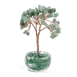 Зеленый Авантюрин Натуральные зеленые авантюриновые чипсы дерево жизни украшения, стеклянная основа с медной проволокой фэн-шуй энергетический камень подарок для домашнего офиса рабочий стол, 58~66x39.5x100 мм