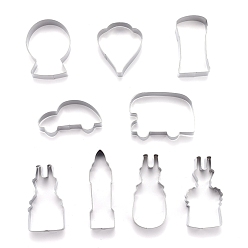 Stainless Steel Color Non-Tarnish Stainless Steel British Style Pattern Cookie Candy Food Cutters Molds, for DIY, Kitchen, Baking, Kids Birthday Party Supplies Favors, Stainless Steel Color, 62.5x46.5x20.5mm, 9pcs/Set