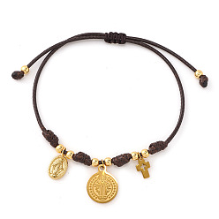 Brun De Noix De Coco Bracelets en laiton et acier inoxydable avec pendentif croix et pièce vierge, cordon en nylon tressé, bracelet en cordon de nylon tressé., réel 14 k plaqué or, brun coco, 11.02 pouce (28 cm)
