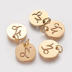 Capricorn 304 Stainless Steel Charms, Flat Round with Constellation/Zodiac Sign, Golden, Capricorn, 12x1mm, Hole: 3mm