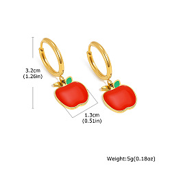 Apple 304 Stainless Steel Enamel Hoop Dangle Earrings, Golden, Apple, 32mm