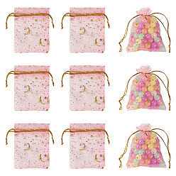 Rose Nacré 30 pièces de sacs cadeaux en organza à cordon, ornés de motifs lune et étoile dorés, sacs de rangement rectangulaires, perle rose, 9x7 cm