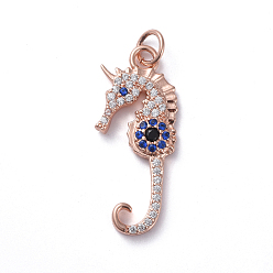 Real Rose Gold Filled Brass Micro Pave Cubic Zirconia Pendants, Long-Lasting Plated, Sea Horse, Colorful, Real Rose Gold Plated, 26x11x2mm, Hole: 3.1mm