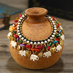 (404) Непрозрачное AB Кислое яблоко Браслеты на ногу с кисточками из синтетического бирюзового цвета в стиле бохо для женщин в форме слона и латунной рыбы, золотые, цветочный белый, 6-3/4~7-1/8 дюйм (170~180 мм)