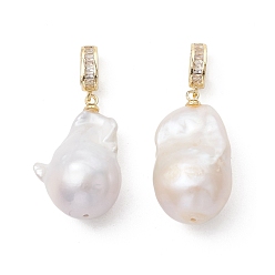 Настоящее золото 18K Подвески из натурального барочного жемчуга кеши, Подвески в виде самородков с латунными креплениями, инкрустированными прозрачными кубическими циркониями., белые, реальный 18 k позолоченный, 35.5~37 мм, отверстие : 6.3x3.3 мм