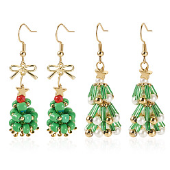 (52) Непрозрачная лаванда 2 пары 2 стили стеклянные висячие серьги, с латунными крючками для серег и бусинами из ракушечного жемчуга, рождественская елка, золотые, разноцветные, 48~52x13.5~16 мм