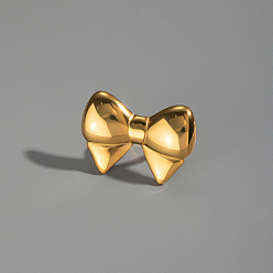 Настоящее золото 18K Регулируемые 304 манжеты из нержавеющей стали с открытыми кольцами для женщин, бантом, вакуумное покрытие pvd, реальный 18 k позолоченный, 23.3 мм, размер США 7 1/4 (17.5 мм)