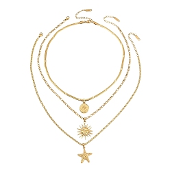 Chapado en Oro Real 18K Océano 304 Colgante de disco de estrella de mar y sol de acero inoxidable 3 Collares de capas para mujer, real 18 k chapado en oro, 15.55 pulgada (39.5 cm) ~ 15.94 pulgada (40.5 cm), 3 PC / sistema