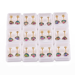 Colorful 304 Stainless Steel Earlobe Plugs, Screw Back Earrings, with Glass, Heart, Golden, Colorful, 12.5mm, Pin: 1mm