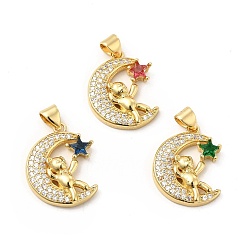 Mixed Color Brass Micro Pave Cubic Zirconia Pendants, Moon with Bear & Star Charm, Golden, Mixed Color, 20.5x16x4mm, Hole: 5x3.5mm