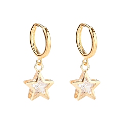 Clear Golden Brass Huggie Hoop Earring, with Brass Micro Cubic Zirconia Pendant, Star, Clear, 29mm, Pin: 0.9mm, Star: 14~14.5x11x5mm 