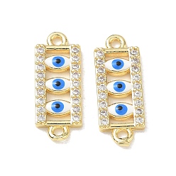 Blue Brass Micro Pave Clear Cubic Zirconia Connector Charms, Rectangle with Evil Eye Links, with Enamel, Long-Lasting Plated, Rack Plating, Lead Free & Cadmium Free, Real 18K Gold Plated, Blue, 19x7.5x2mm, Hole: 1.4mm