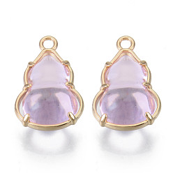 Pink Glass Pendants, with Alloy Open Back Settings, Cadmium Free & Nickel Free & Lead Free, Gourd, Light Gold, Pink, 18.5x11.5x7mm, Hole: 1.6mm