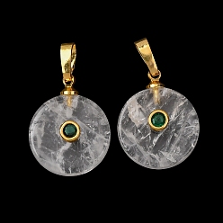 Хрусталь Природного кварца хрустальных подвесок, Подвески в виде плоских круглых монет из горного хрусталя с фурнитурой из кубического циркония, инкрустированной микропаве из латуни., золотые, 20x16x6 мм, отверстие : 7x4 мм