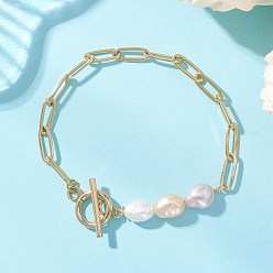 Желтый Браслеты из натурального культивированного пресноводного жемчуга и латунной цепочки в виде скрепки для женщин., желтые, 7.36 дюйм (18.7 см)