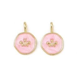 Pink Латунь эмаль подвески, без кадмия и без свинца, плоский круглый с подвесками в виде пчел, реальный 18 k позолоченный, розовые, 18x12.5x4 мм, отверстие : 3.5x1.5 мм