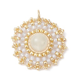 Лунный Камень Плоские круглые подвески из натурального лунного камня, плетенные подвески из японского бисера ручной работы, 27.5~28x25~25.5x8.5 мм, отверстие : 3.5 мм