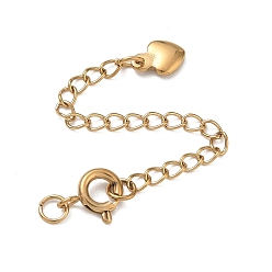 Golden 304 Stainless Steel Curb Chain Extender, End Chains with Spring Ring Clasps & Heart Charms, Ion Plating(IP), Long-Lasting Plated, Golden, 62mm