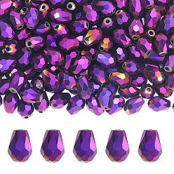 С Фиолетовым Покрытием 325 шт гальванические стеклянные бусины нити, граненые, слеза, с фиолетовым покрытием, 7~7.5x5 мм, отверстие : 1 мм