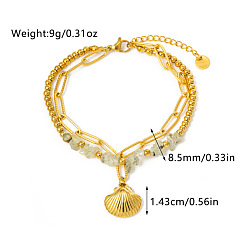 Shell Shape 304 двухслойные браслеты из нержавеющей стали и натуральных бусин пренита, шарм браслеты, золотые, формы раковины, 6-1/4 дюйм (16 см)
